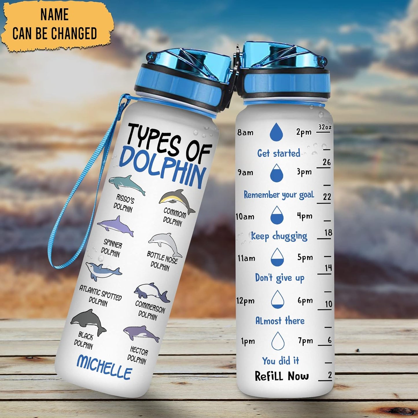 Types of Dolphin 32oz Water Bottle Tracker – Personalized Hydration Bottle with Time Marker – Educational Gift for Marine Lovers
