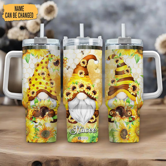 Sunflower Bee Gnome Tumbler 40oz with Handle & Straw – Personalized Stainless Steel Insulated Cup with Lid – Unique Gift for Gnome Lovers