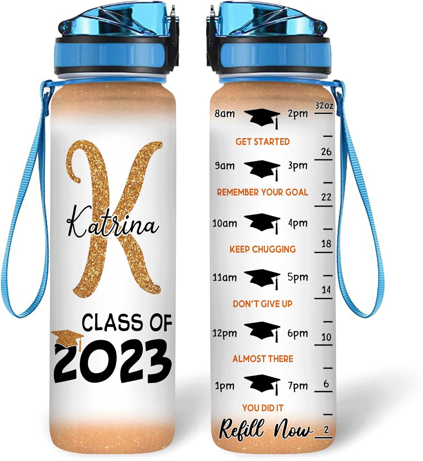 Graduation Cap Water Bottle Tracker 32oz – Personalized Motivational Water Bottle with Time Marker – Unique Graduation Gift for Students