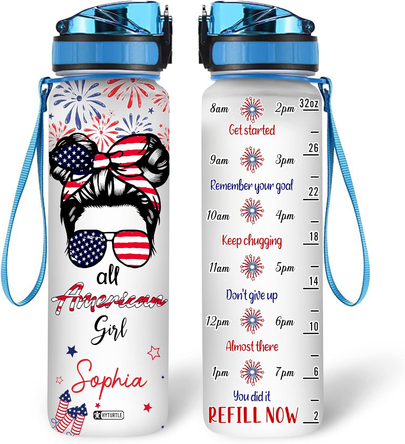 Bun Hair Girl American Flag - Personalized Water Tracker Bottle 32oz