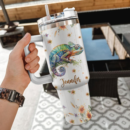 Colorful Chameleon Tumbler 40oz with Handle & Straw – Personalized Stainless Steel Insulated Cup with Lid – Artistic Gift for Reptile Lovers