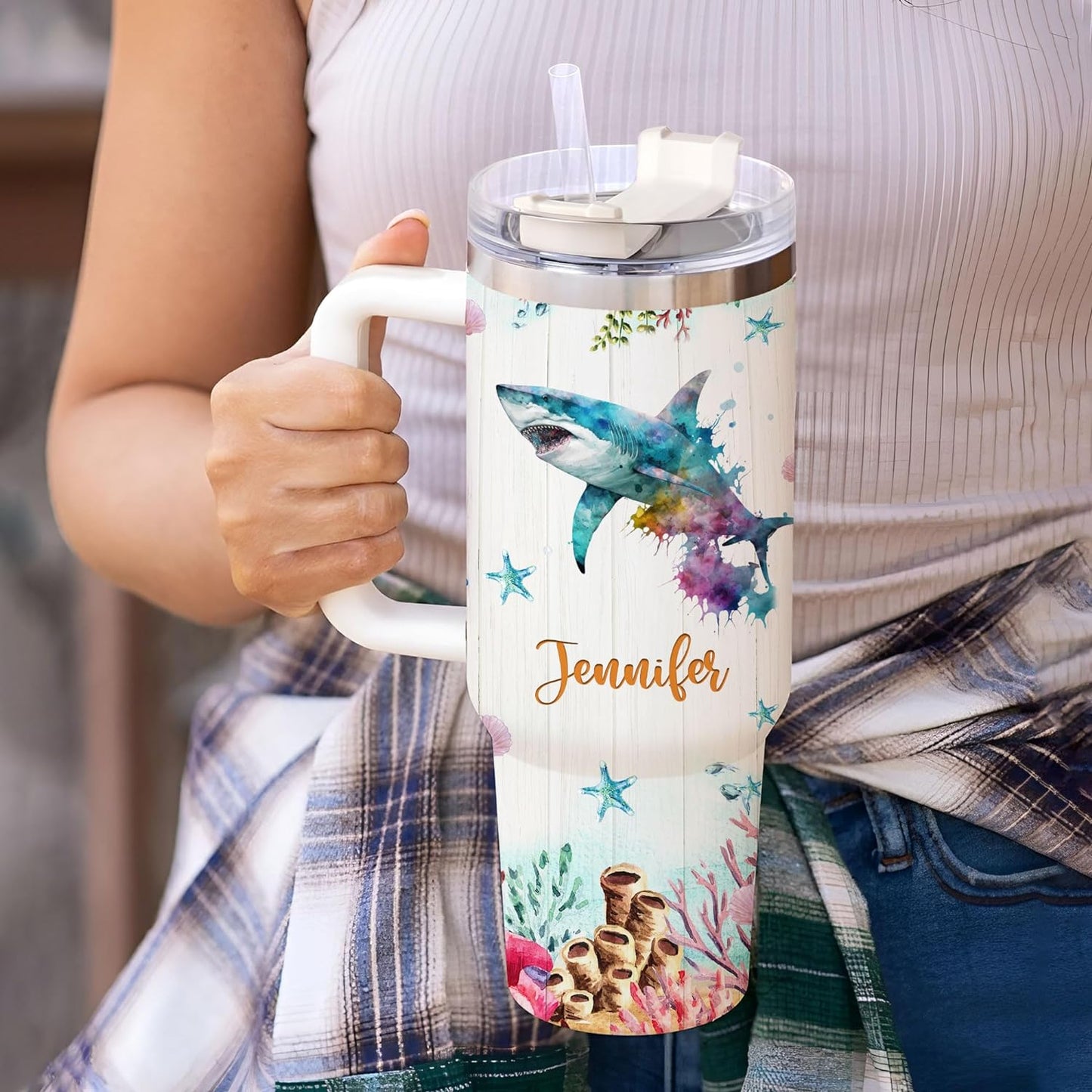 Shark Ocean Lover Tumbler 40oz – Personalized Stainless Steel Travel Cup with Handle & Straw, Watercolor Marine Predator Design – Unique Gift for Women & Girls