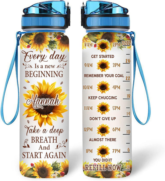 Sunflower Lovers “New Beginning” Water Bottle Tracker 32oz – Personalized Motivational Bottle with Time Marker – Inspirational Gift