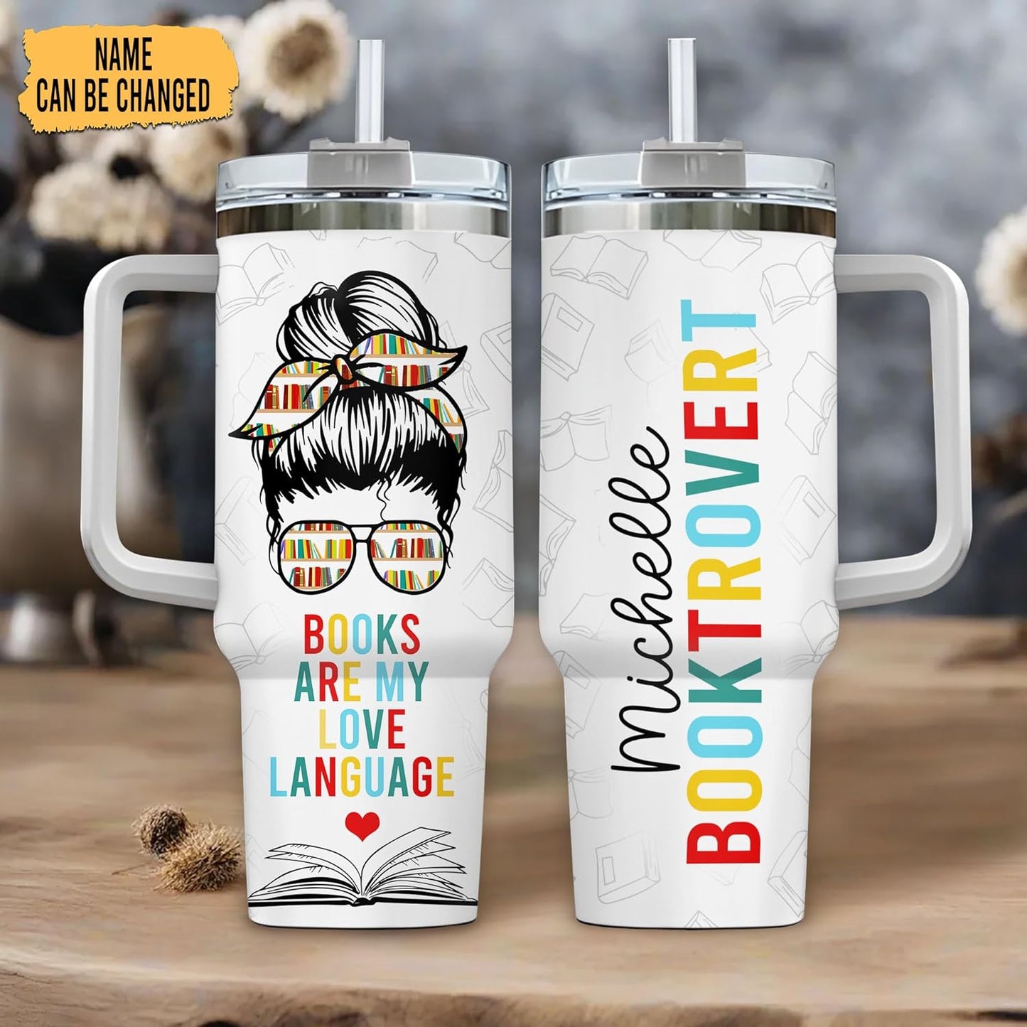 Booktrovert Tumbler 40oz with Handle & Straw – Personalized Stainless Steel Insulated Travel Cup with Lid – Fun Gift for Book Lovers