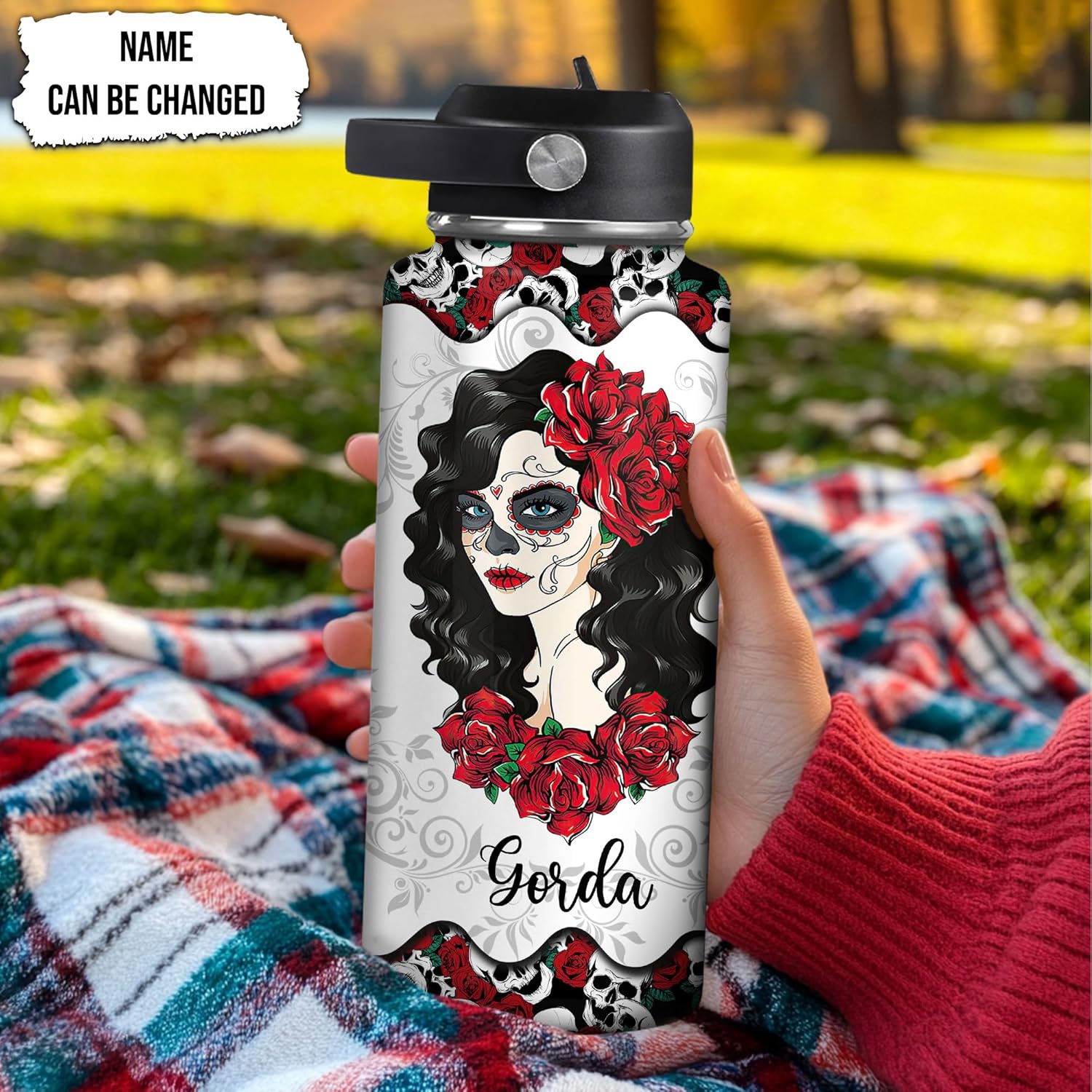 Sugar Skull Water Bottle 32oz – Travel Insulated Stainless Steel Bottle with Leak-Proof Lid – Gothic Day of the Dead Gift