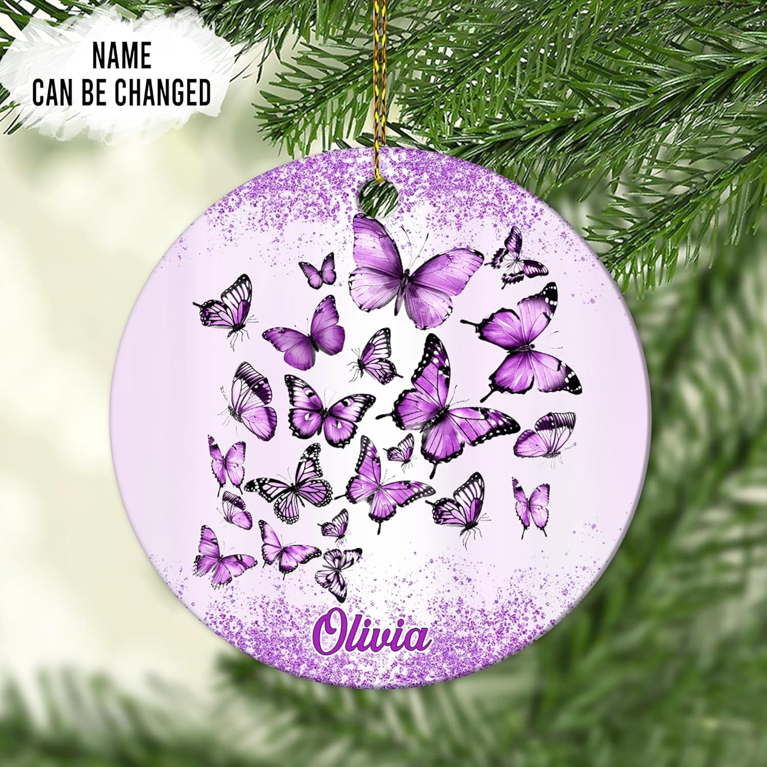 Purple Butterflies Swirl Ceramic Ornament – Personalized Custom Name Two-Sided Circle Keepsake, Christmas Gift for Butterfly Lover Women