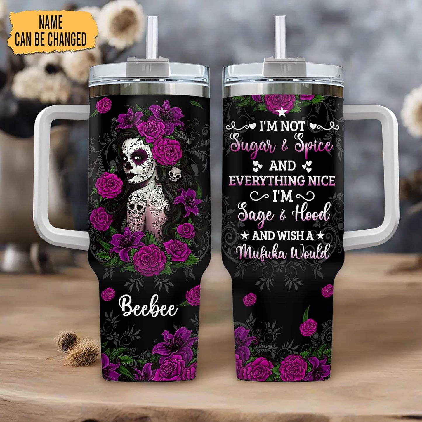 Gothic Sugar Skull Tumbler 40oz with Handle & Straw – Personalized Stainless Steel Insulated Travel Cup with Lid – Unique Gothic Gift for Women