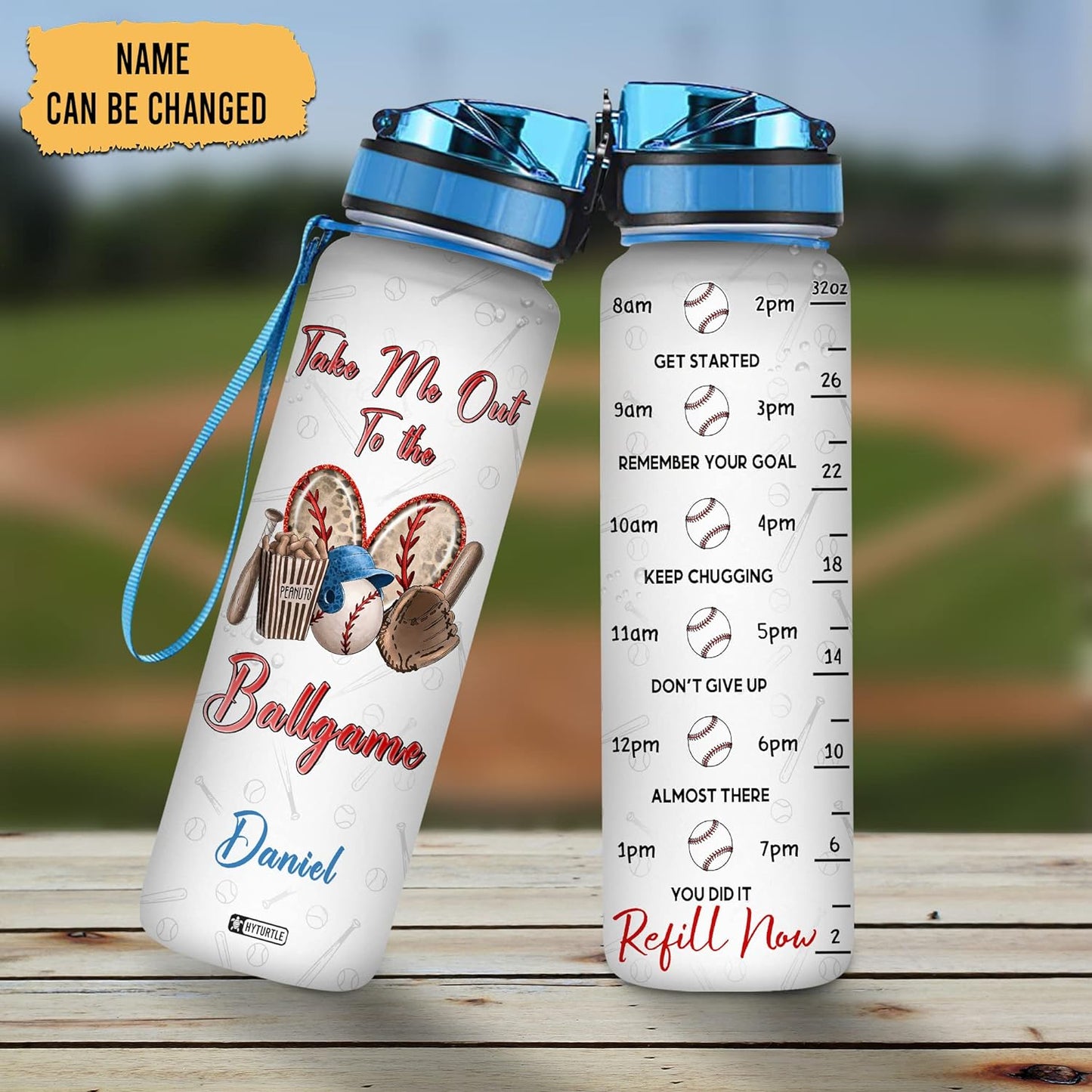 Take Me Out to the Ballgame Water Bottle Tracker 32oz – Personalized Baseball Sports Hydration Bottle with Time Marker – Gift for Fans