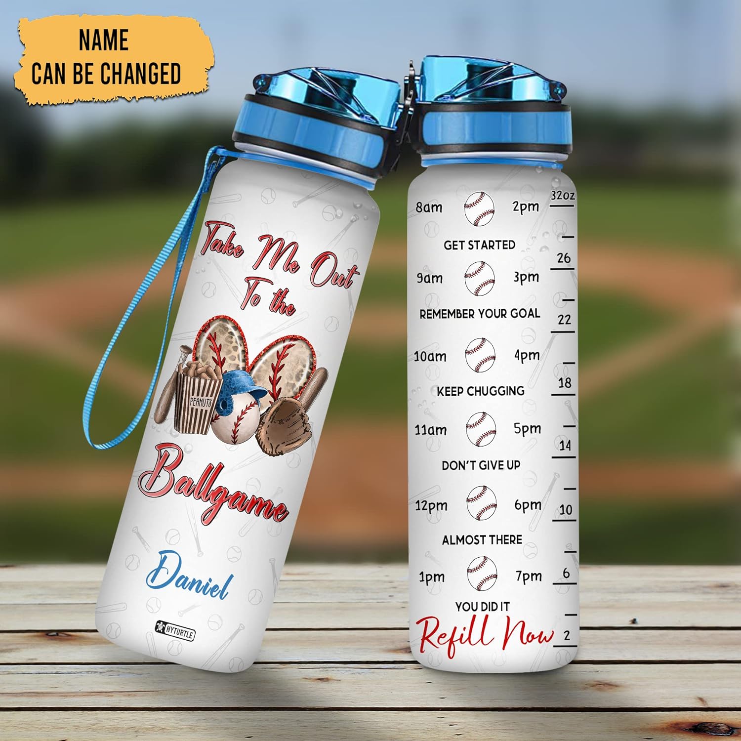 Take Me Out to the Ballgame Water Bottle Tracker 32oz – Personalized Baseball Sports Hydration Bottle with Time Marker – Gift for Fans