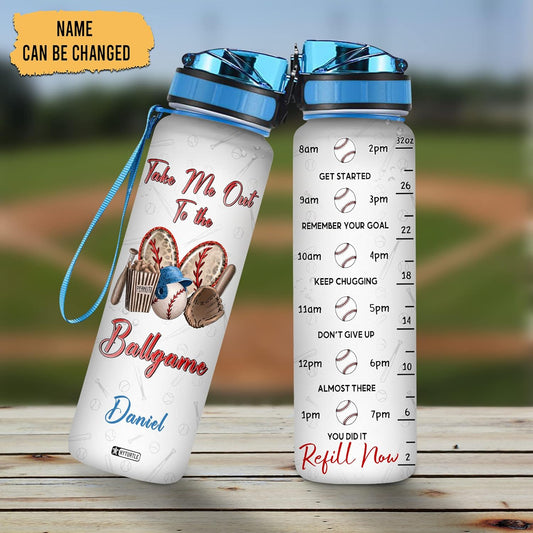 Take Me Out to the Ballgame Water Bottle Tracker 32oz – Personalized Baseball Sports Hydration Bottle with Time Marker – Gift for Fans