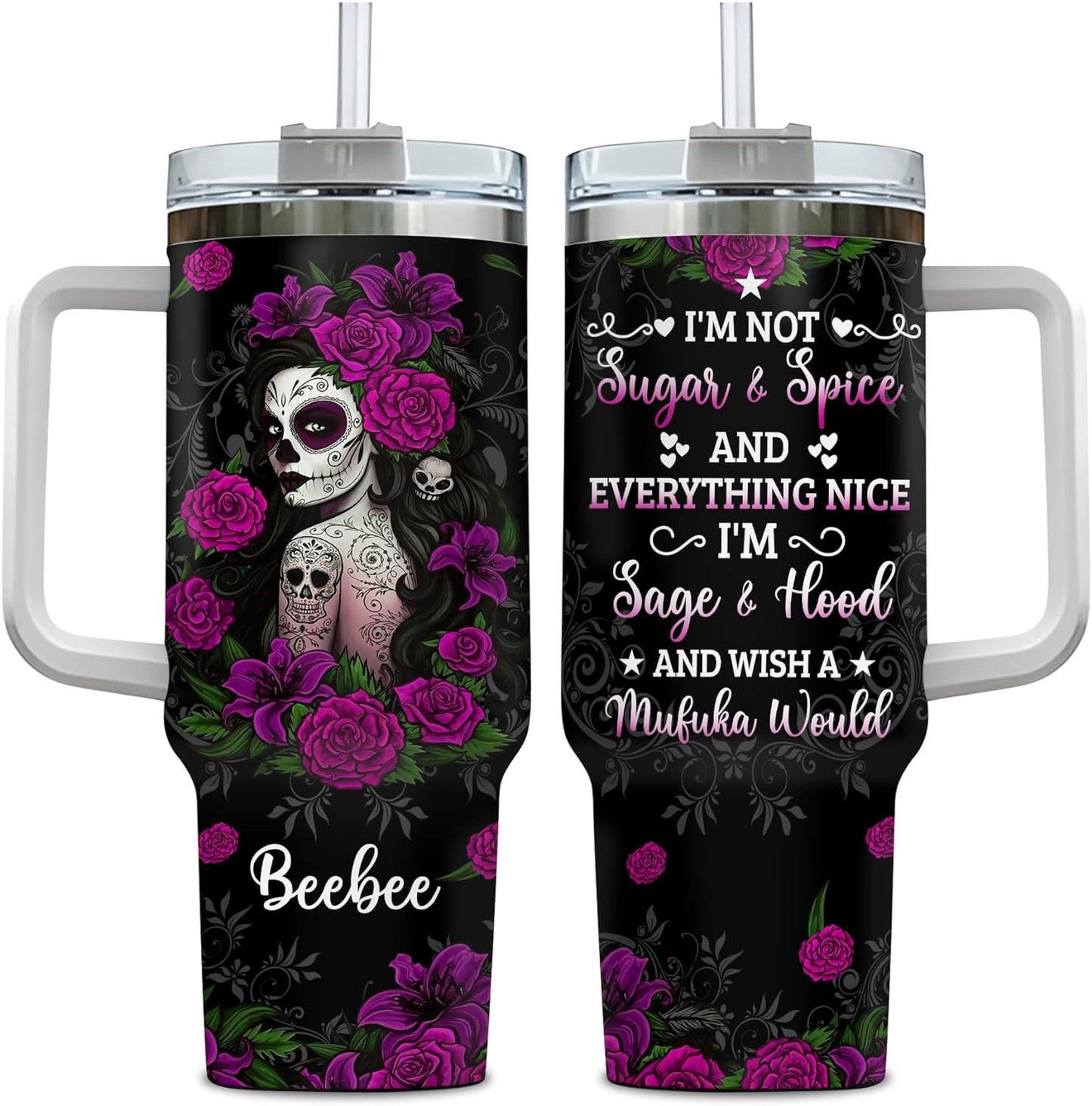 Gothic Sugar Skull Tumbler 40oz with Handle & Straw – Personalized Stainless Steel Insulated Travel Cup with Lid – Unique Gothic Gift for Women