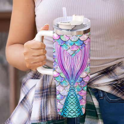 Mermaid Tail Tumbler 40oz with Handle & Straw – Personalized Stainless Steel Insulated Travel Cup with Lid – Unique Gift for Mermaid Lovers