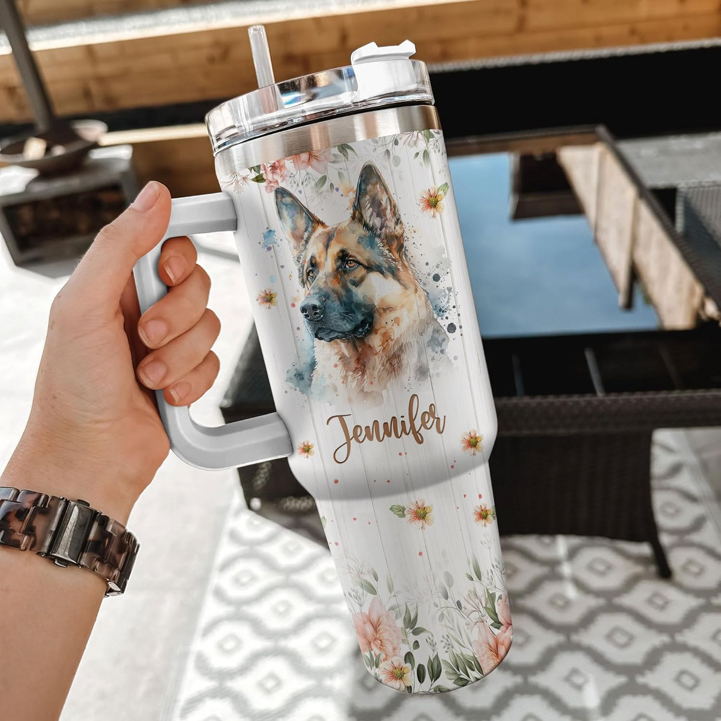 German Shepherd Lover Tumbler 40oz with Handle & Straw – Personalized Stainless Steel Cup with Lid – Thoughtful Gift for Dog Lovers