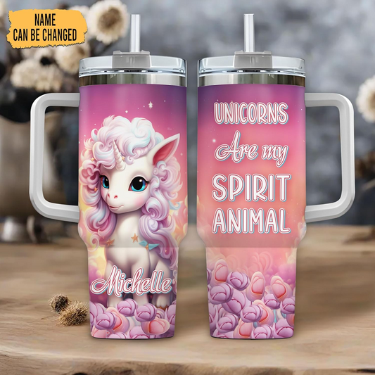 Sparkling Unicorn Tumbler 40oz with Handle & Straw – Personalized Stainless Steel Cup with Lid – Cute Fantasy Gift for Girls & Women