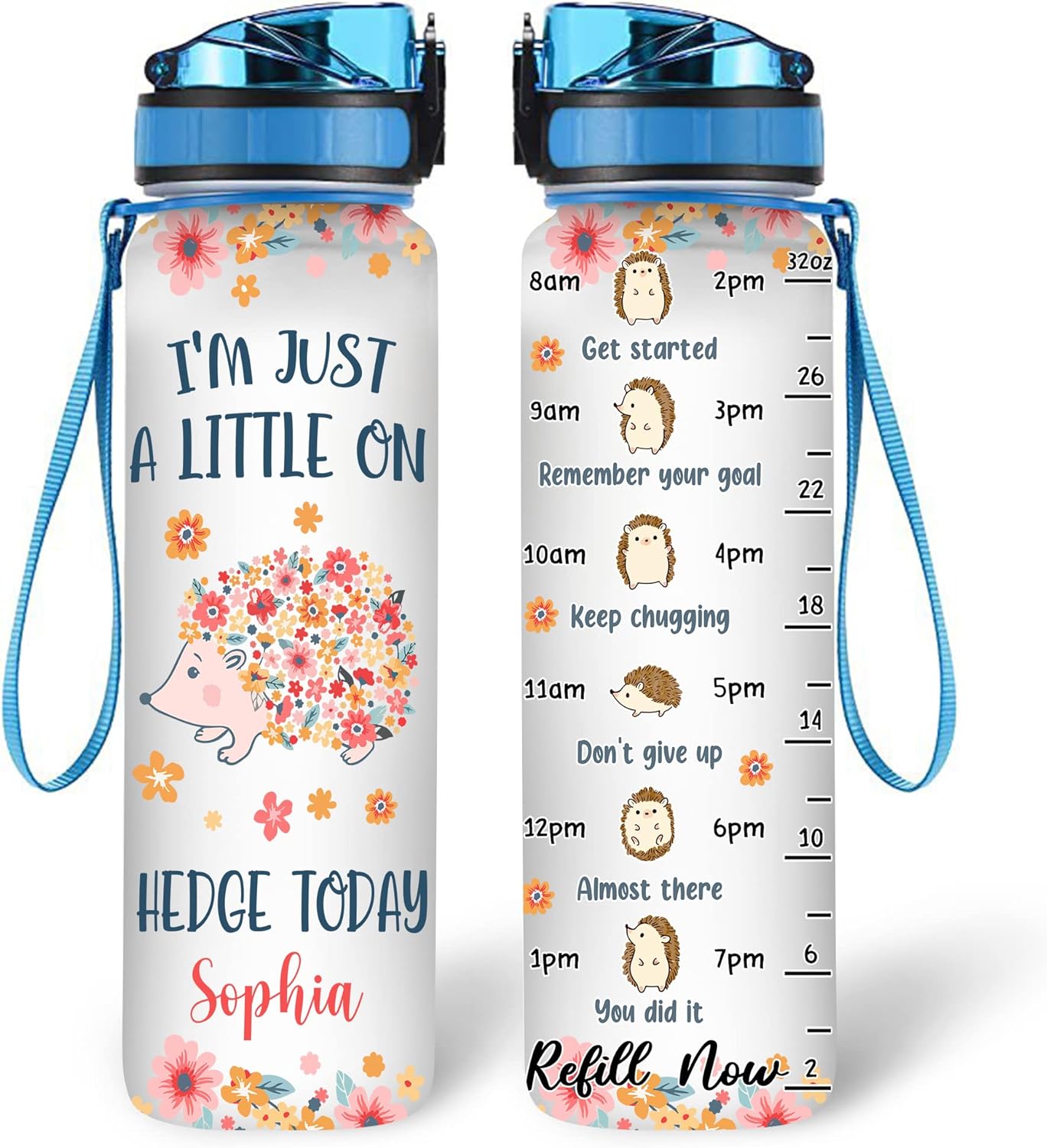 Hedgehog “I’m Just A Little On Hedge Today” Water Bottle Tracker 32oz – Personalized Motivational Bottle with Time Marker – Cute Gift for Hedgehog Lovers