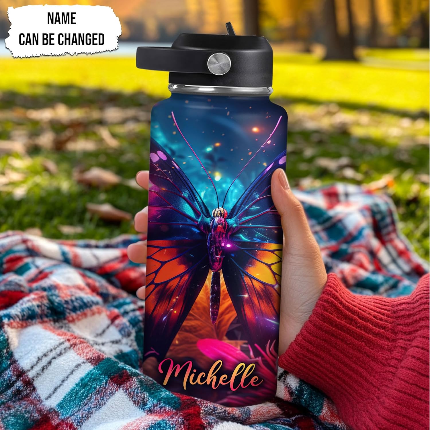 Butterfly Water Bottle 32oz – Travel Insulated Stainless Steel Bottle with Leak-Proof Lid – Personalized Colorful Butterfly Gift for Women