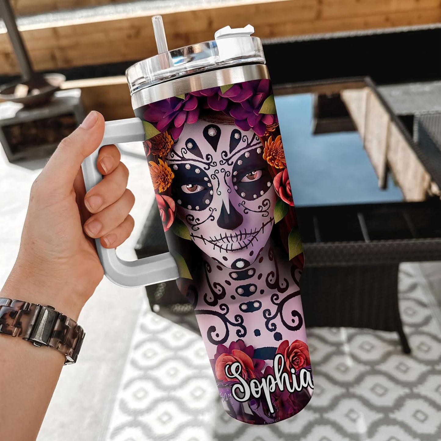Sugar Skull Tumbler 40oz – Personalized Stainless Steel Insulated Cup with Handle & Straw, Leak-Proof Lid – Artistic Gothic Gift for Day of the Dead Lovers