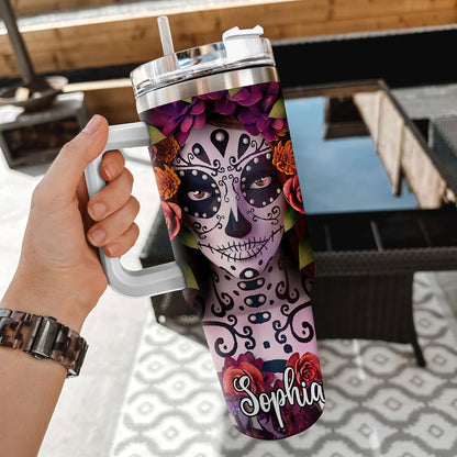 Sugar Skull Tumbler 40oz – Personalized Stainless Steel Insulated Cup with Handle & Straw, Leak-Proof Lid – Artistic Gothic Gift for Day of the Dead Lovers