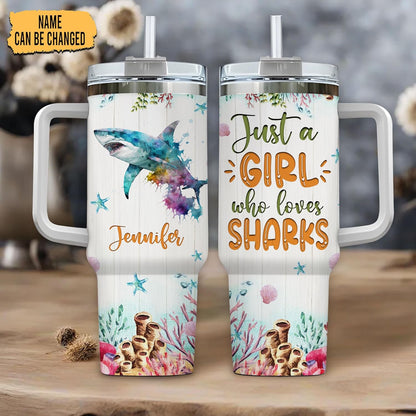 Shark Ocean Lover Tumbler 40oz – Personalized Stainless Steel Travel Cup with Handle & Straw, Watercolor Marine Predator Design – Unique Gift for Women & Girls
