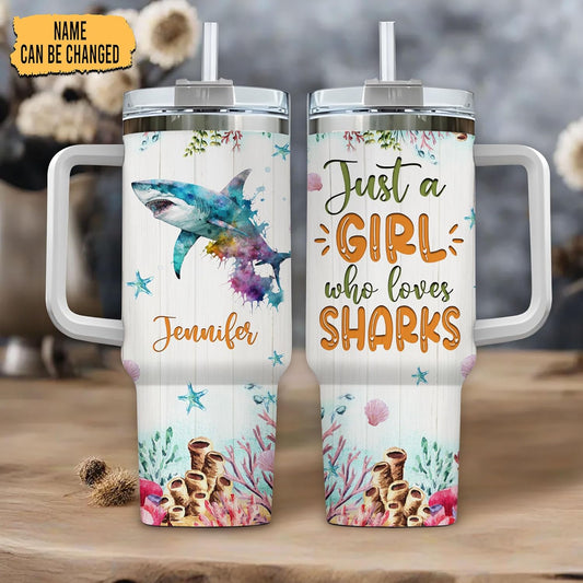 Shark Ocean Lover Tumbler 40oz – Personalized Stainless Steel Travel Cup with Handle & Straw, Watercolor Marine Predator Design – Unique Gift for Women & Girls