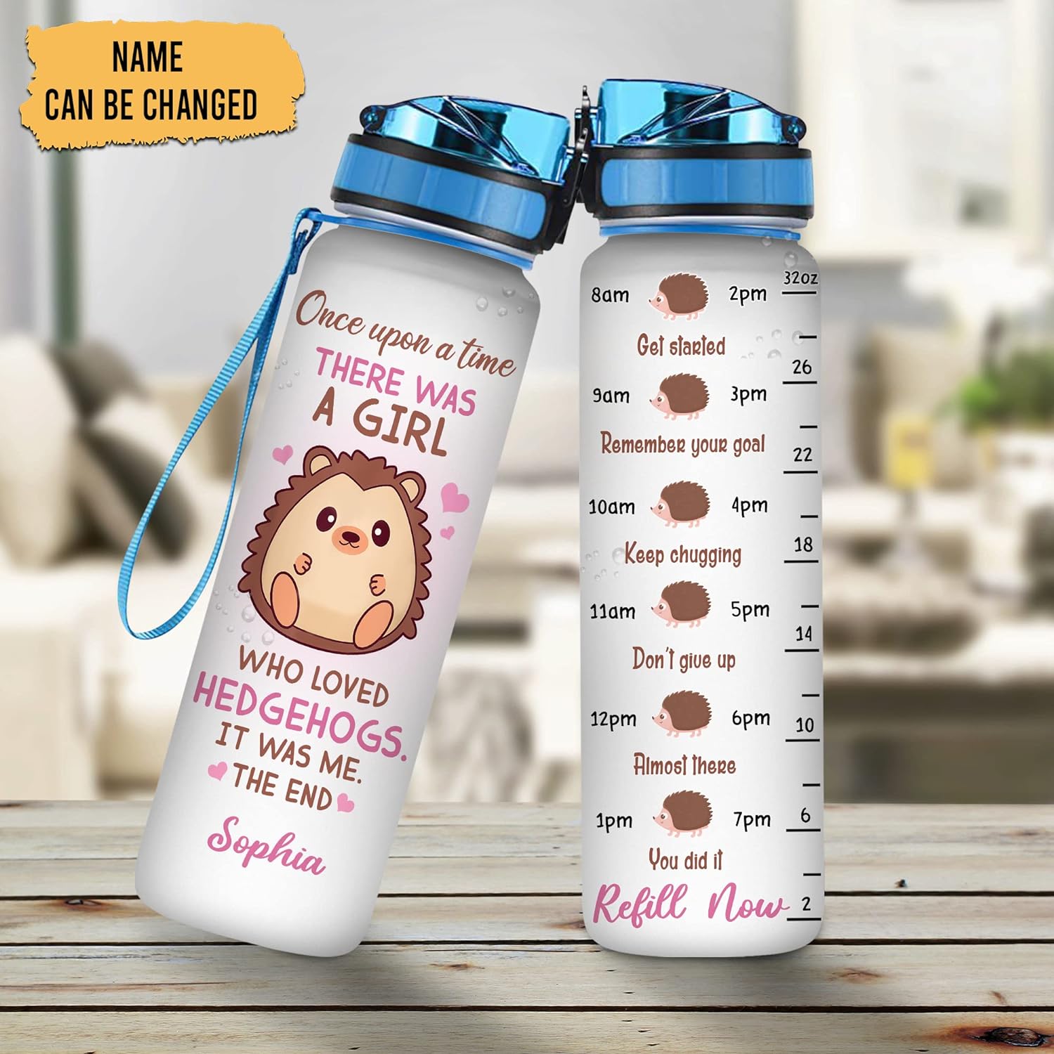 Once Upon A Time Girl Loved Hedgehogs - Personalized Water Tracker Bottle 32oz