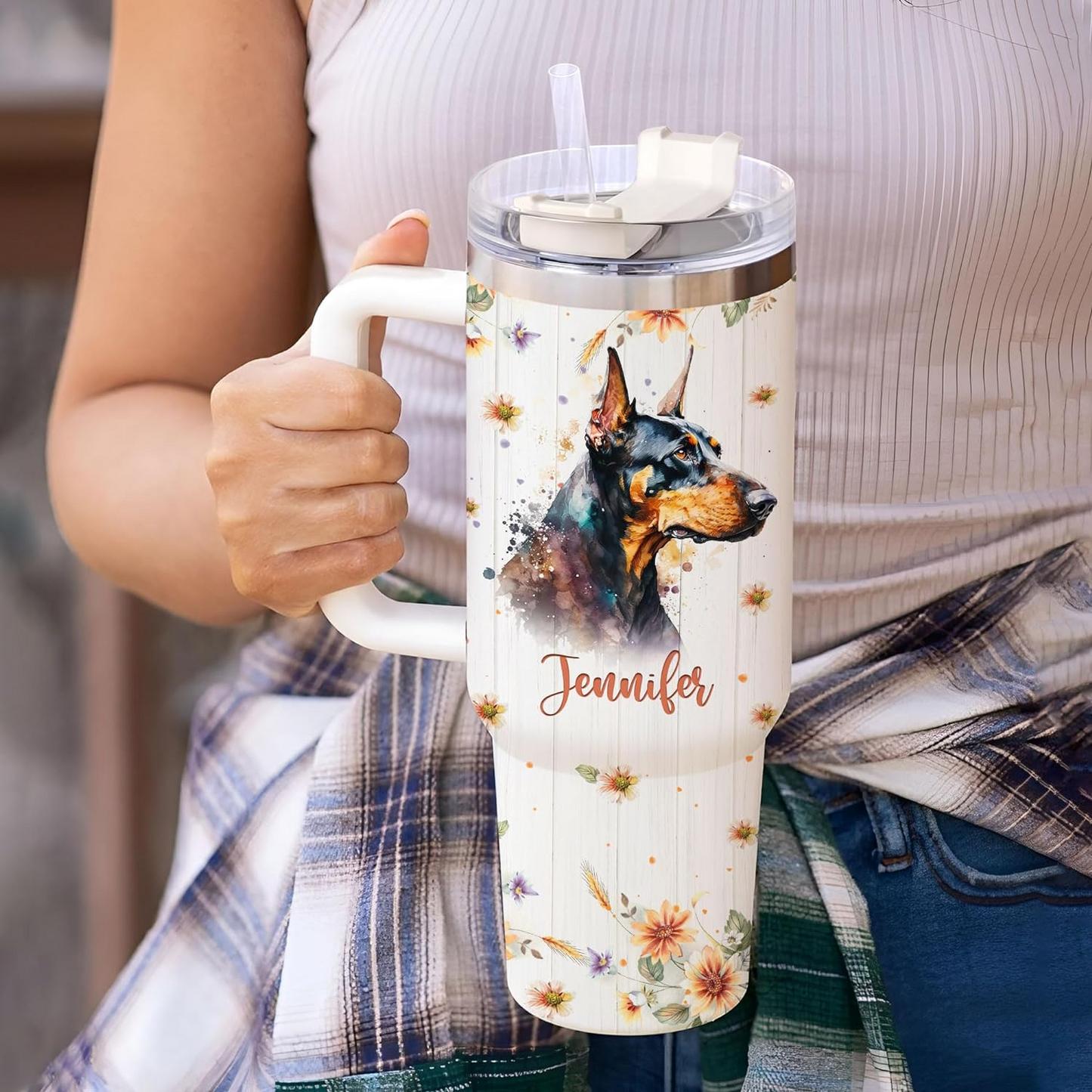 Doberman Lover Tumbler 40oz with Handle & Straw – Personalized Stainless Steel Travel Cup with Lid – Stylish Gift for Dog Enthusiasts