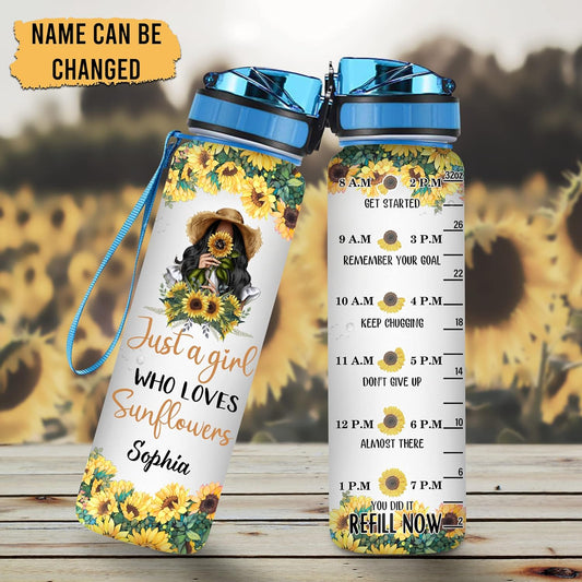 Sunflower Lovers Water Bottle Tracker 32oz Personalized – Floral Motivational Bottle with Time Marker – Stylish Gift for Women