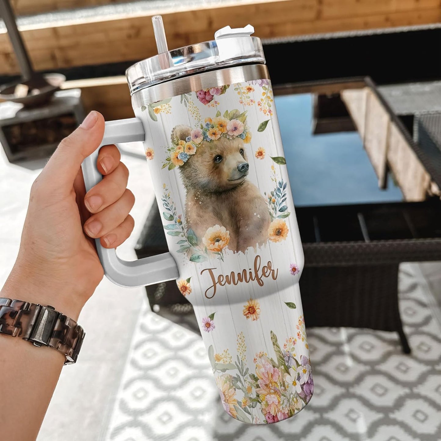 Bear Lover Tumbler 40oz – Personalized Stainless Steel Insulated Cup with Handle & Straw – Woodland Theme Travel Mug Gift for Women