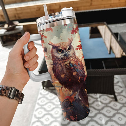 Fall Owl Tumbler 40oz – Personalized Stainless Steel Insulated Travel Cup with Handle & Straw, Leak-Proof Lid – Stylish Autumn Gift for Owl Lovers