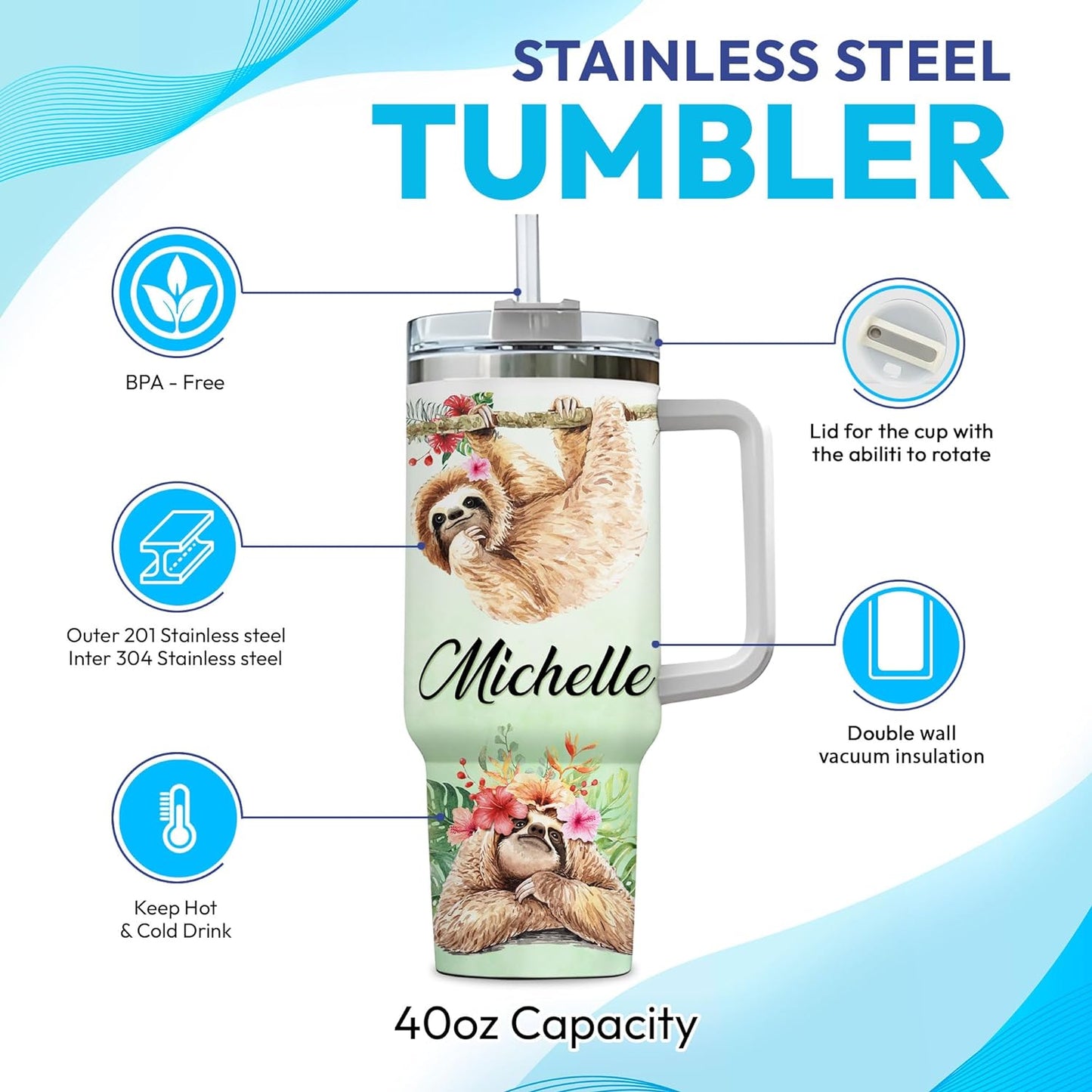 Tropical Sloth Tumbler 40oz with Handle & Straw – Personalized Stainless Steel Insulated Travel Cup with Lid – Cute Gift for Sloth Lovers
