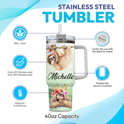 Tropical Sloth Tumbler 40oz with Handle & Straw – Personalized Stainless Steel Insulated Travel Cup with Lid – Cute Gift for Sloth Lovers