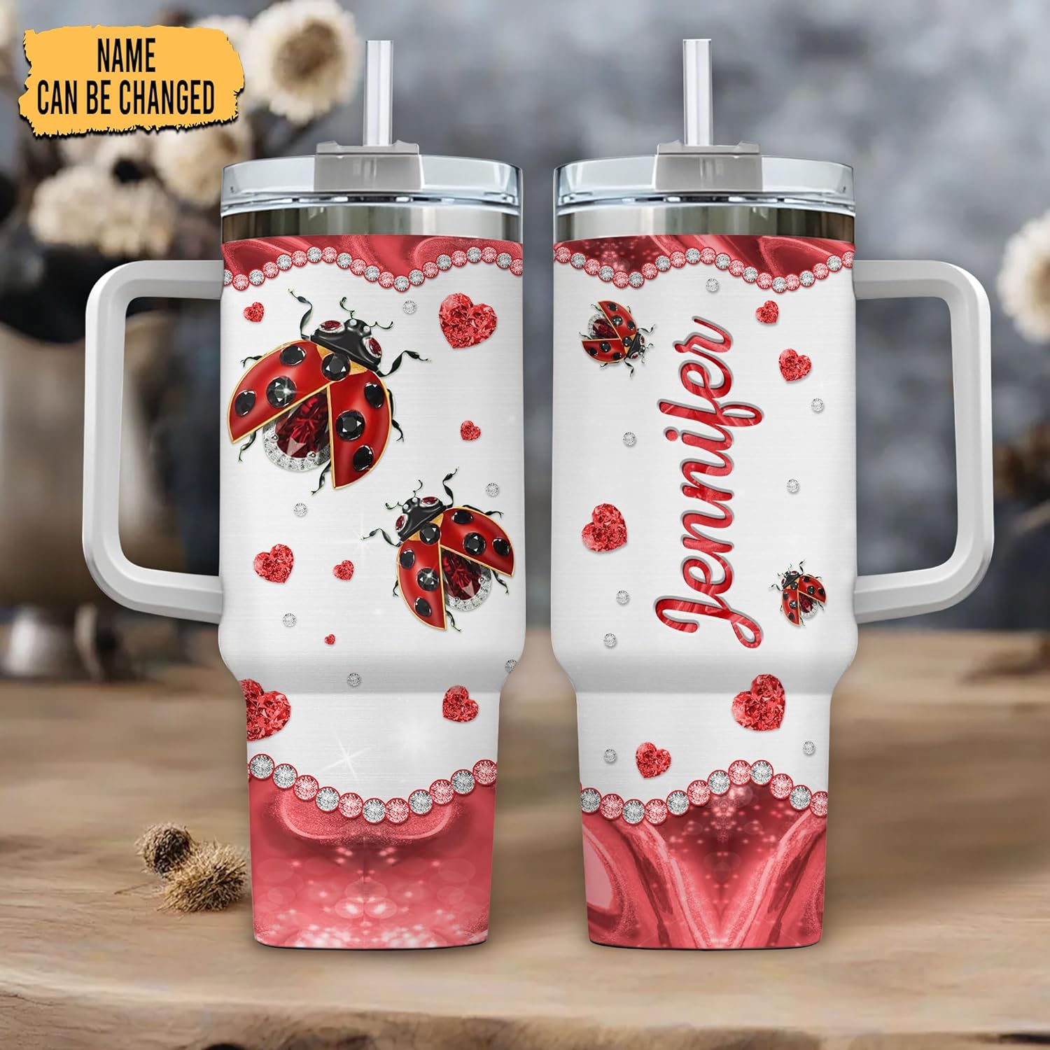 Ladybug Sparkle Tumbler 40oz with Handle & Straw – Personalized Stainless Steel Insulated Travel Cup with Lid – Cute Gift for Women & Kids