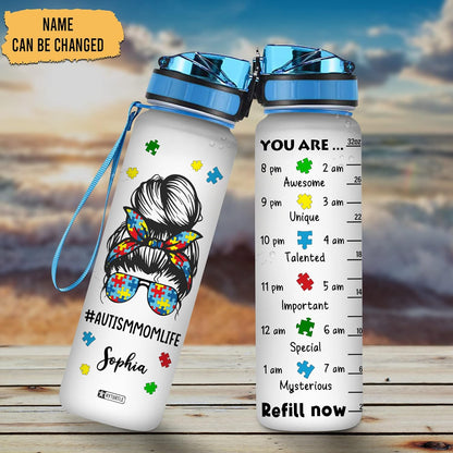 Autism Mom Life Water Bottle Tracker 32oz Personalized – Puzzle Piece Design Hydration Bottle with Time Marker – Awareness Gift for Moms