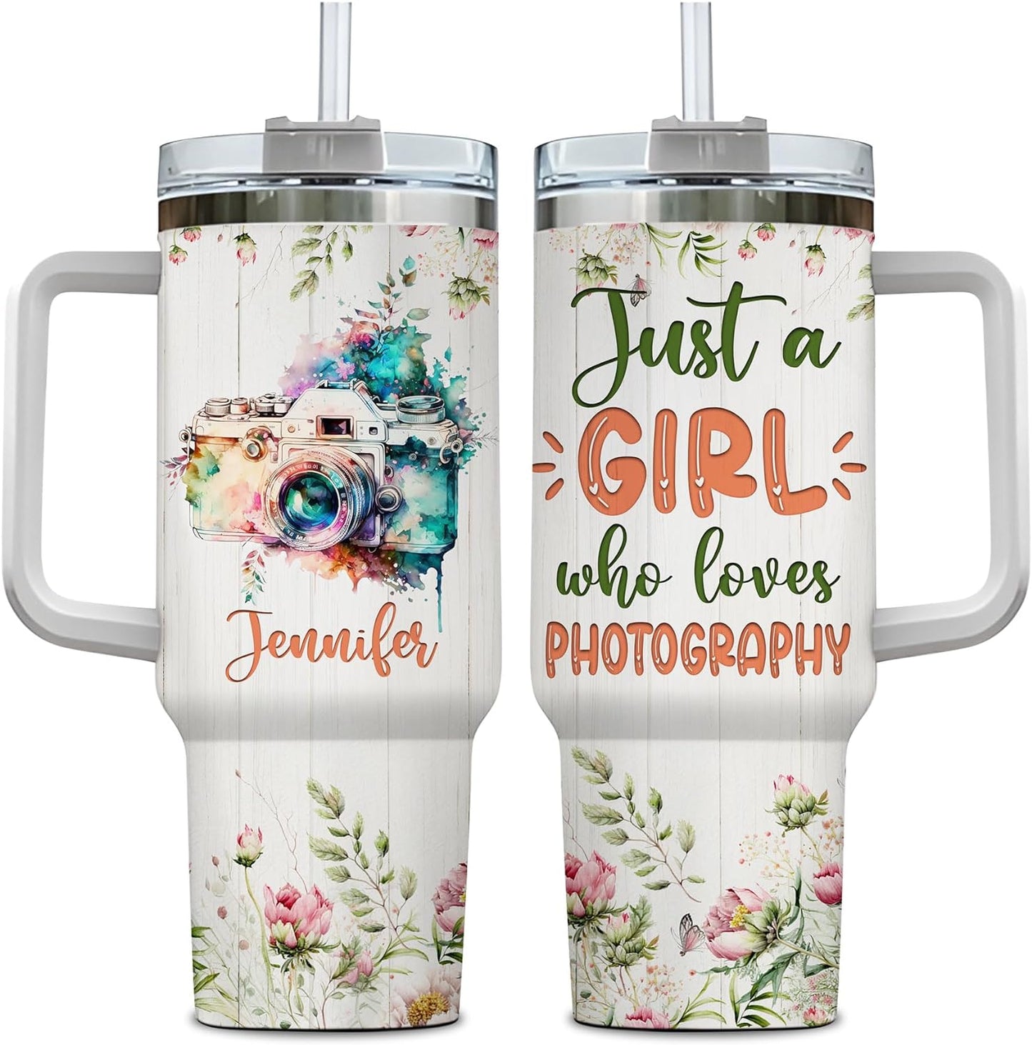 Vintage Camera Art 40oz Tumbler with Handle & Straw – Personalized Stainless Steel Insulated Travel Cup with Lid – Creative Gift for Photography Lovers