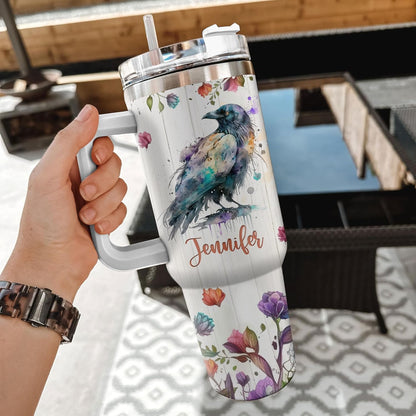 Crow Lover Tumbler 40oz with Handle & Straw – Personalized Stainless Steel Insulated Cup with Lid – Gothic Stylish Gift for Bird Lovers