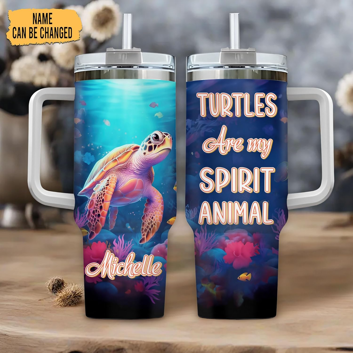 Sea Turtle Lover Tumbler 40oz with Handle & Straw – Personalized Stainless Steel Cup with Lid – Unique Gift for Ocean & Animal Lovers