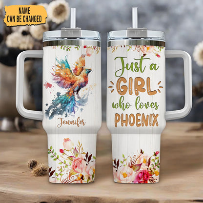 Phoenix Tumbler 40oz – Personalized Stainless Steel Insulated Cup with Handle & Straw – Mythical Bird Travel Mug Gift for Women