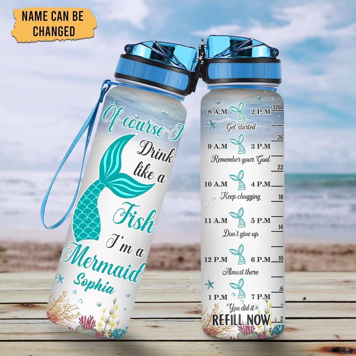 Mermaid Theme Water Bottle Tracker 32oz – Personalized Hydration Bottle with Time Marker – Fun Gift for Mermaid Lovers
