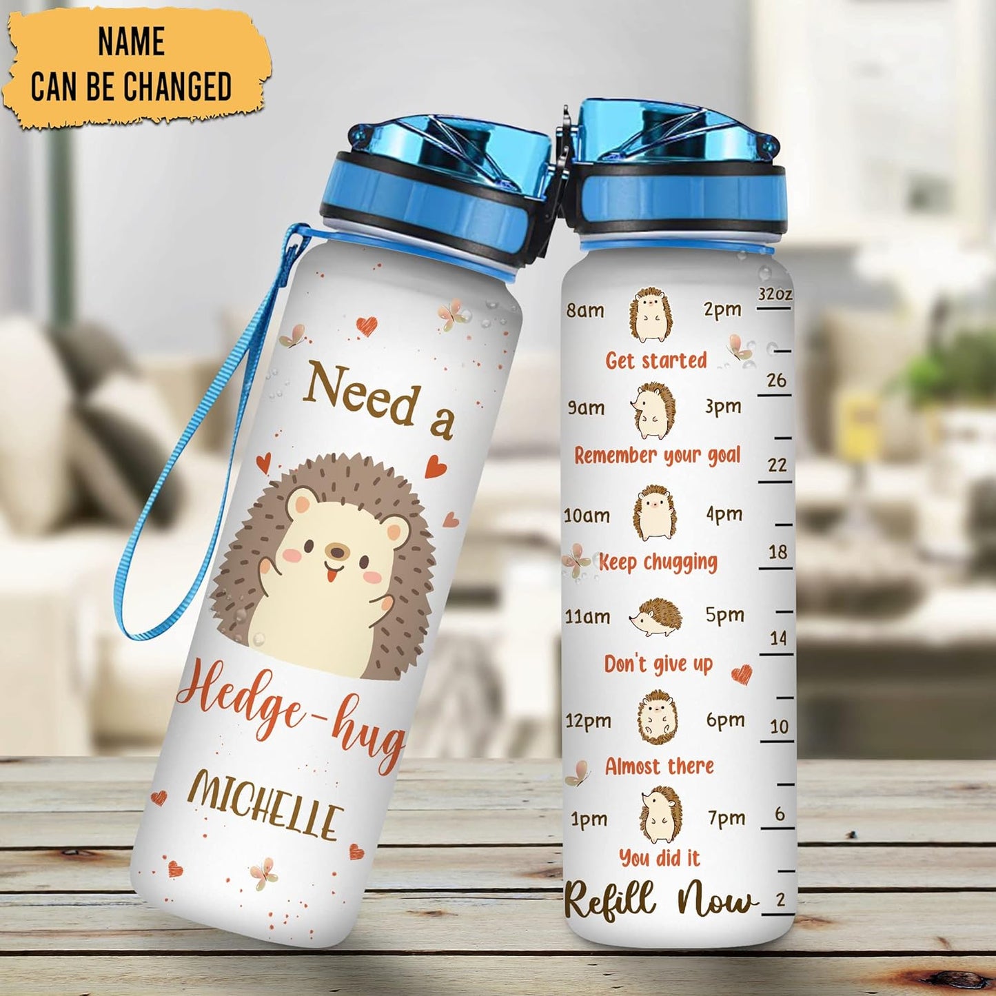 Hedgehog Hug Water Bottle Tracker 32oz – Personalized Motivational Water Bottle with Time Marker – Cute Gift for Women
