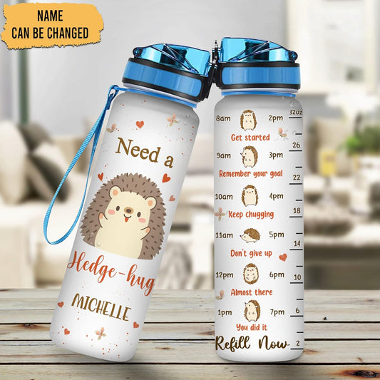 Hedgehog Hug Water Bottle Tracker 32oz – Personalized Motivational Water Bottle with Time Marker – Cute Gift for Women