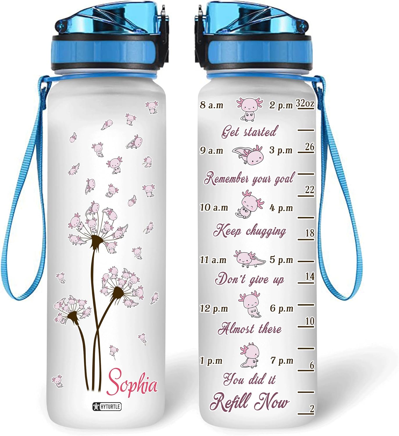 Dandelion Axolotls Pattern - Personalized Water Tracker Bottle 32oz