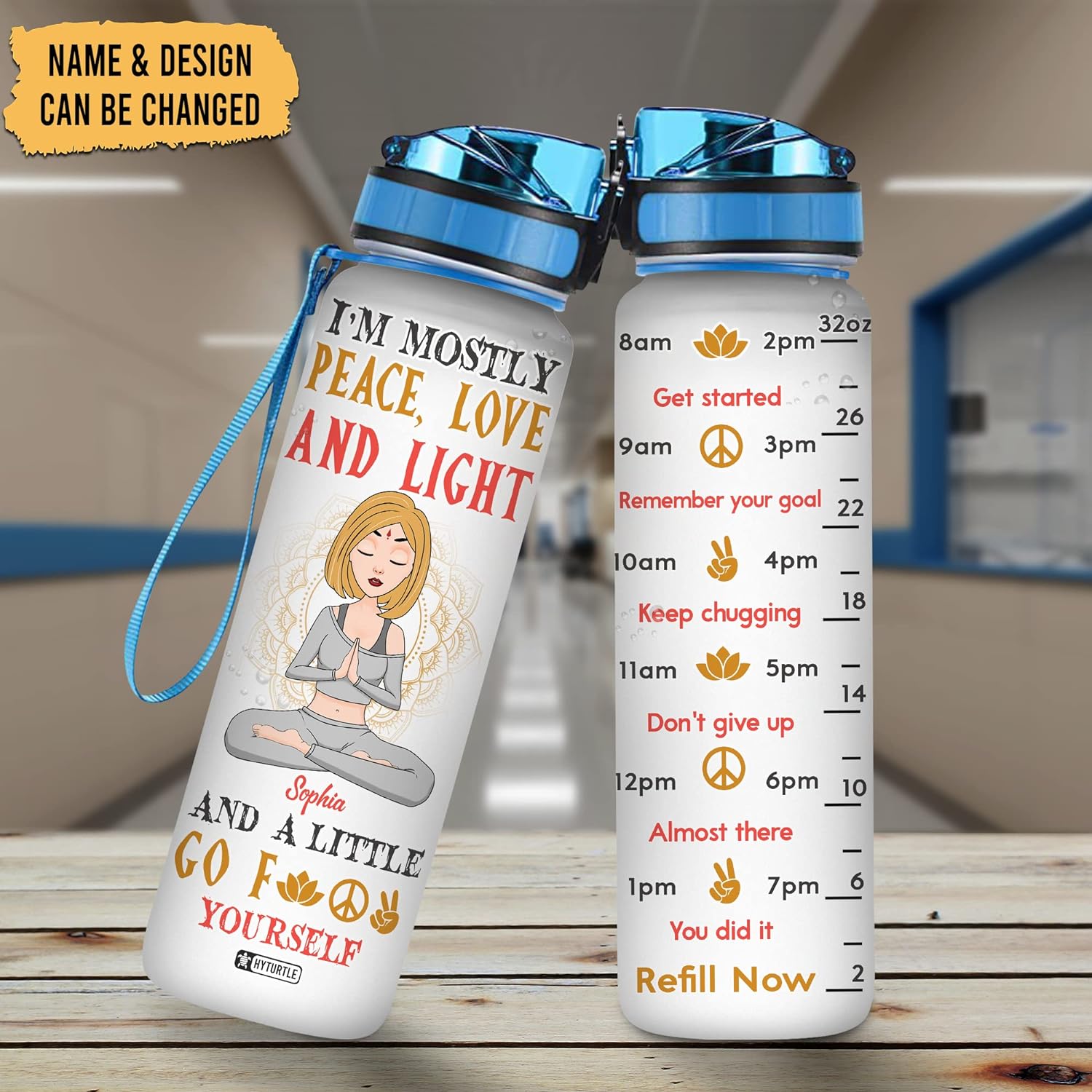 Peace Love Light Yoga Water Bottle Tracker 32oz – Personalized Motivational Hydration Bottle – Mindful Gift for Yoga Lovers
