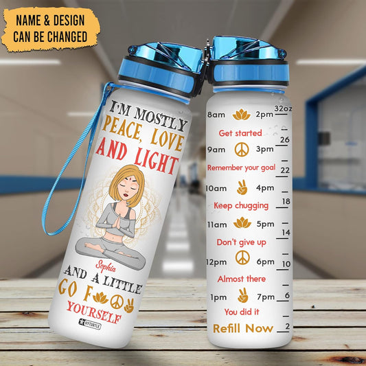 Peace Love Light Yoga Water Bottle Tracker 32oz – Personalized Motivational Hydration Bottle – Mindful Gift for Yoga Lovers