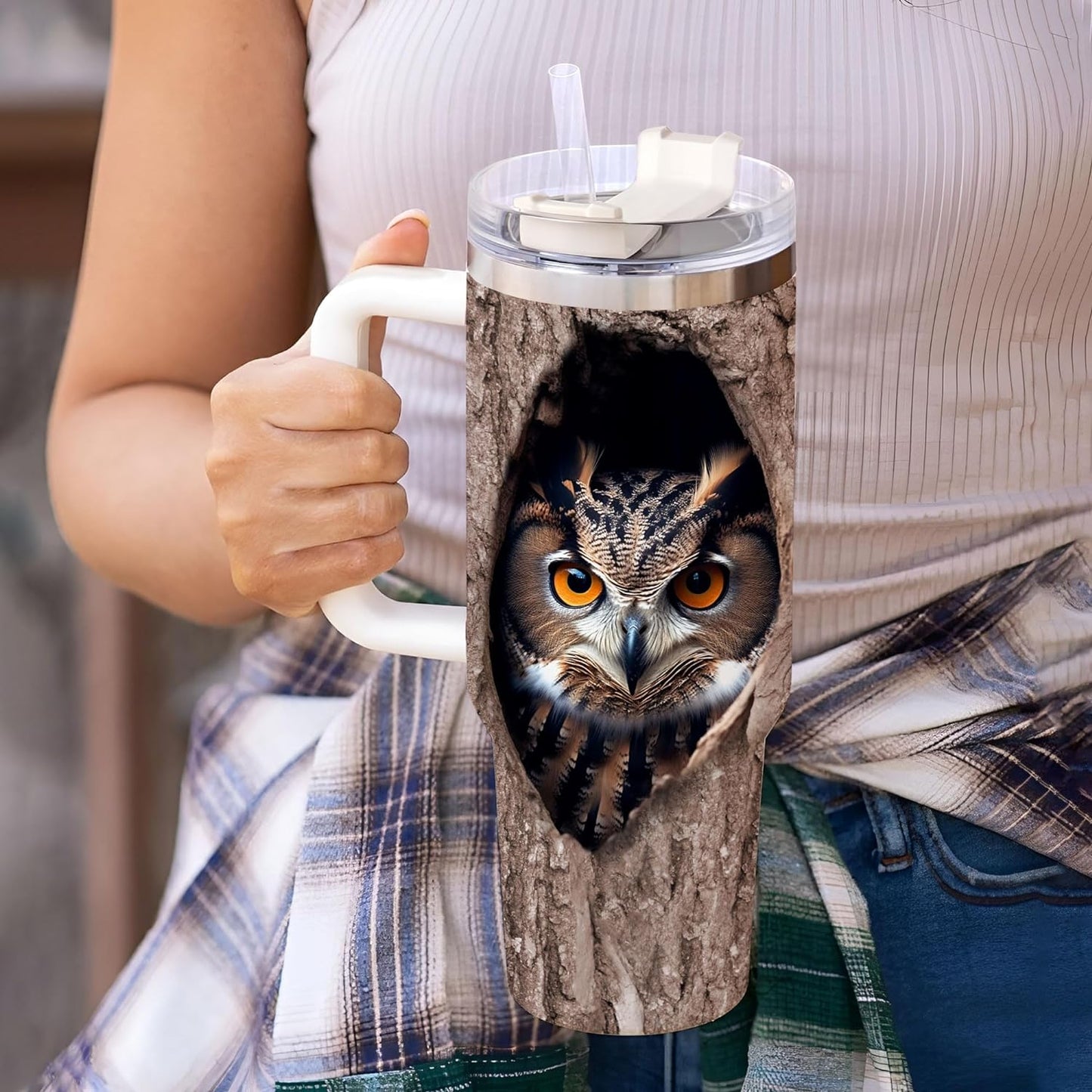 Realistic Owl Tree Hollow Tumbler 40oz with Handle & Straw – Personalized Stainless Steel Travel Cup with Lid – Unique Gift for Owl Lovers