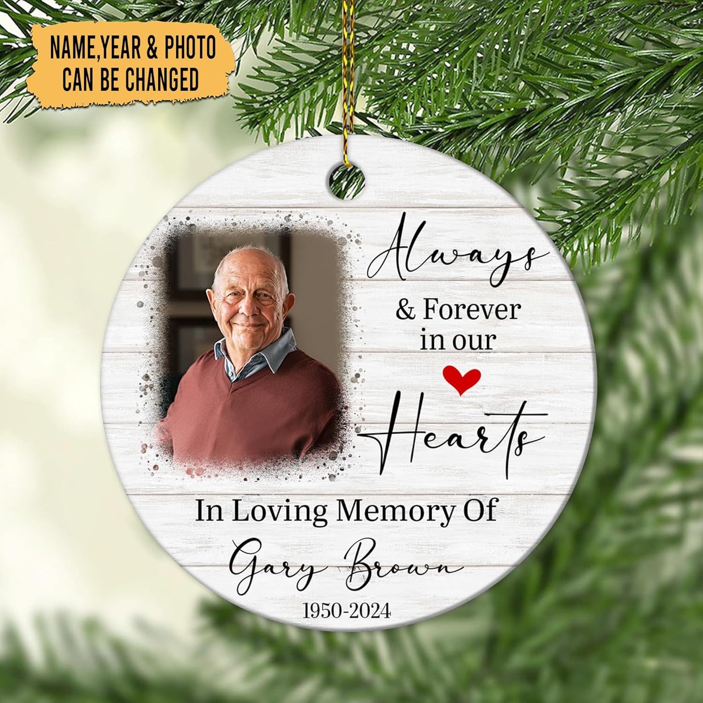 Wood-Look Photo Memorial Ceramic Ornament – Personalized Remembrance Gift for Loss of Loved One at Christmas