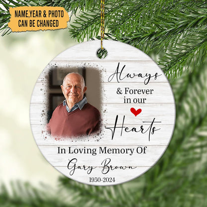 Wood-Look Photo Memorial Ceramic Ornament – Personalized Remembrance Gift for Loss of Loved One at Christmas