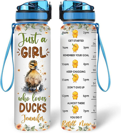 Cute Duck Water Bottle Tracker 32oz – Personalized Motivational Water Bottle with Time Marker – Adorable Gift for Duck Lovers