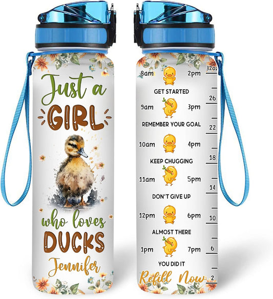 Cute Duck Water Bottle Tracker 32oz – Personalized Motivational Water Bottle with Time Marker – Adorable Gift for Duck Lovers