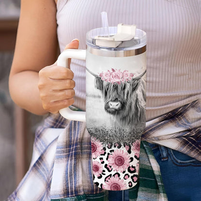 Highland Cow Floral Tumbler 40oz with Handle & Straw – Personalized Stainless Steel Travel Cup with Lid – Cute Farm Animal Gift for Women