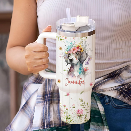 Beagle Dog Lover Tumbler 40oz – Personalized Stainless Steel Insulated Cup with Handle & Straw, Watercolor Floral Design – Heartfelt Gift for Women & Girls